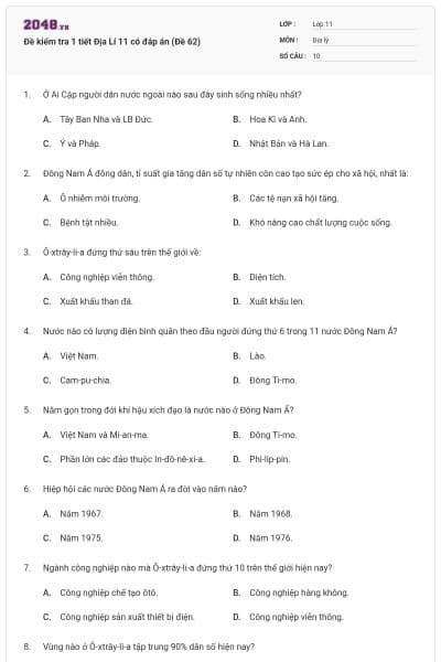 Đề kiểm tra 1 tiết Địa Lí 11 có đáp án (Đề 62)