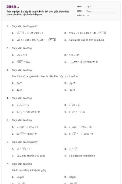 Trắc nghiệm Bài tập lý thuyết Biến đổi đơn giản biểu thức chứa căn thức bậc hai có đáp án