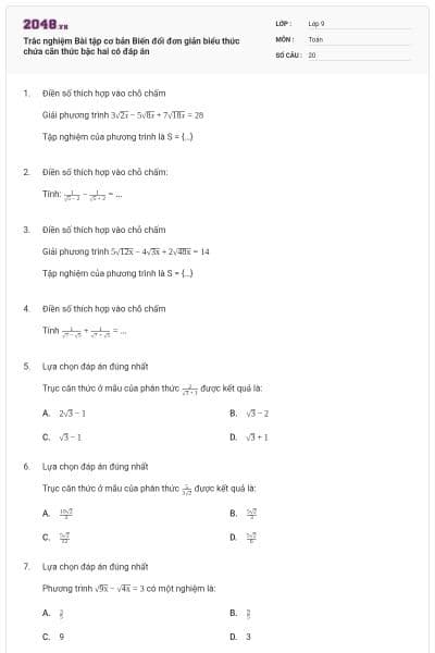 Trắc nghiệm Bài tập cơ bản Biến đổi đơn giản biểu thức chứa căn thức bậc hai có đáp án