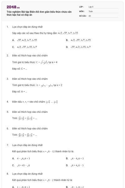 Trắc nghiệm Bài tập Biến đổi đơn giản biểu thức chứa căn thức bậc hai có đáp án