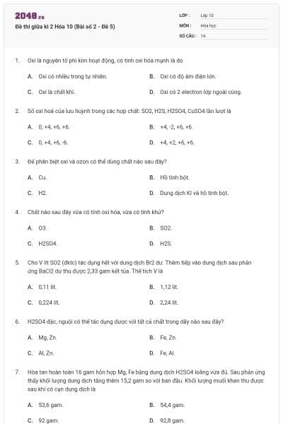 Đề thi giữa kì 2 Hóa 10 (Bài số 2 - Đề 5)