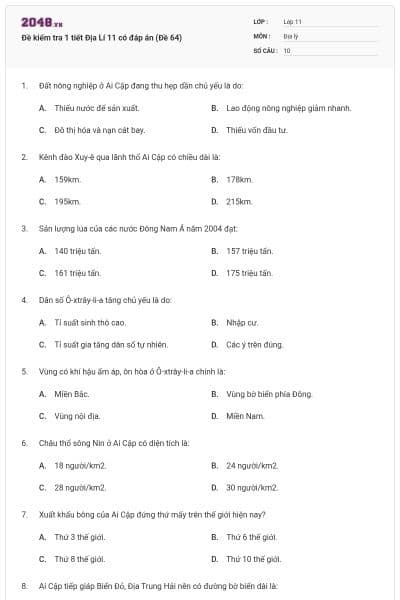 Đề kiểm tra 1 tiết Địa Lí 11 có đáp án (Đề 64)