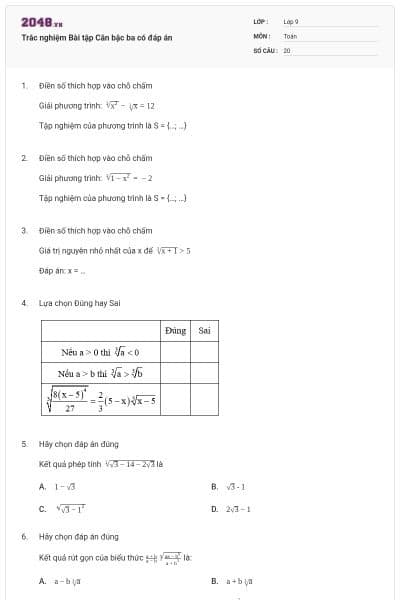 Trắc nghiệm Bài tập Căn bậc ba có đáp án