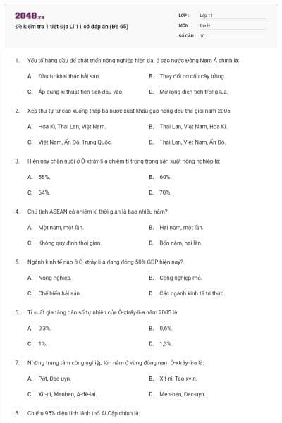 Đề kiểm tra 1 tiết Địa Lí 11 có đáp án (Đề 65)