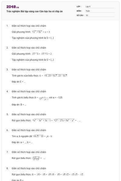 Trắc nghiệm Bài tập nâng cao Căn bậc ba có đáp án