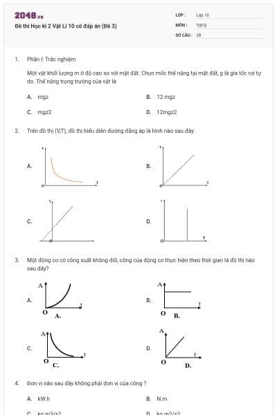 Đề thi Học kì 2 Vật Lí 10 có đáp án (Đề 3)