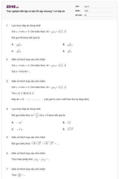 Trắc nghiệm Bài tập cơ bản Ôn tập chương 1 có đáp án