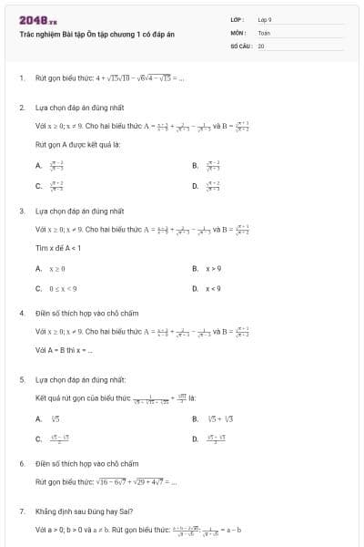 Trắc nghiệm Bài tập Ôn tập chương 1 có đáp án