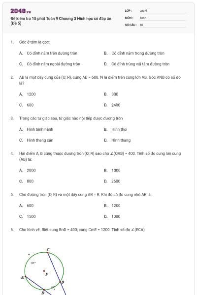 Đề kiểm tra 15 phút Toán 9 Chương 3 Hình học có đáp án (Đề 5)