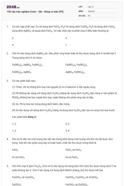 150 câu trắc nghiệm Crom - Sắt - Đồng cơ bản (P5)