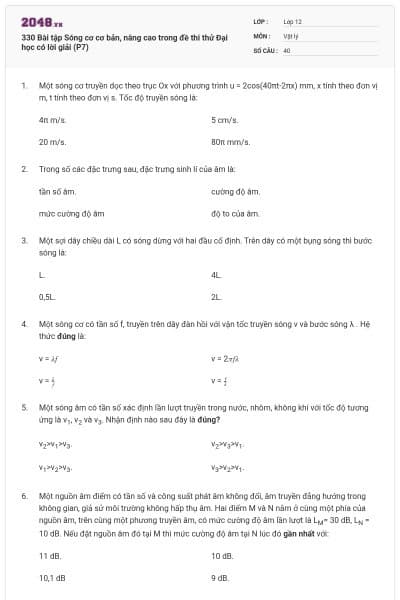 330 Bài tập Sóng cơ cơ bản, nâng cao trong đề thi thử Đại học có lời giải (P7)