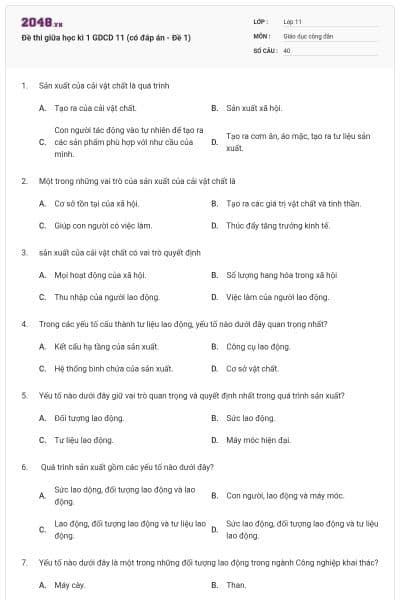 Đề thi giữa học kì 1 GDCD 11 (có đáp án - Đề 1)