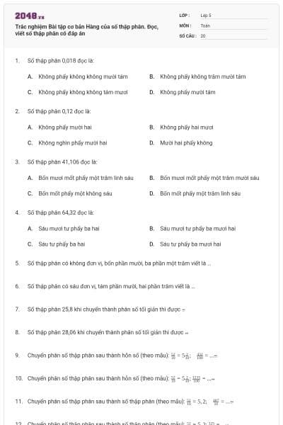 Trắc nghiệm Bài tập cơ bản Hàng của số thập phân. Đọc, viết số thập phân có đáp án