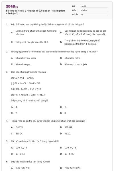 Bộ 5 Đề thi Học kì 2 Hóa học 10 (Có đáp án - Trắc nghiệm + Tự luận 3)