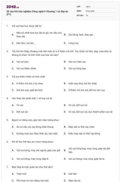 30 câu hỏi trắc nghiệm Công nghệ 6 Chương 1 có đáp án (P1)
