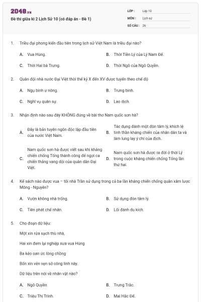 Đề thi giữa kì 2 Lịch Sử 10 (có đáp án - Đề 1)