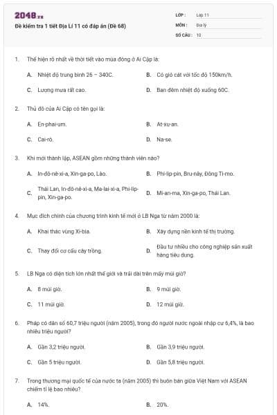 Đề kiểm tra 1 tiết Địa Lí 11 có đáp án (Đề 68)
