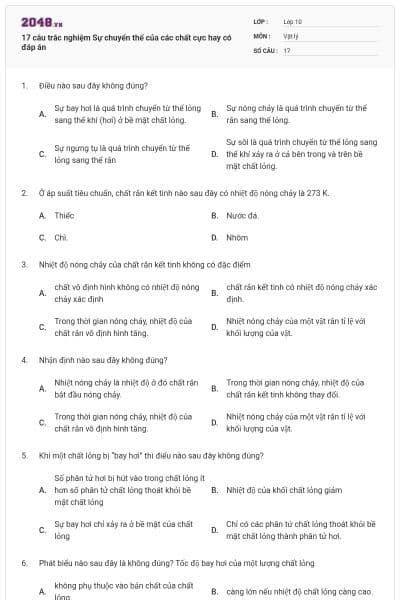 17 câu trắc nghiệm Sự chuyển thể của các chất cực hay có đáp án