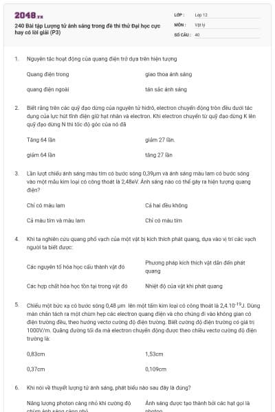 240 Bài tập Lượng tử ánh sáng trong đề thi thử Đại học cực hay có lời giải (P3)