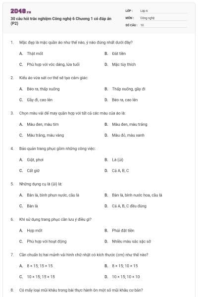 30 câu hỏi trắc nghiệm Công nghệ 6 Chương 1 có đáp án (P2)