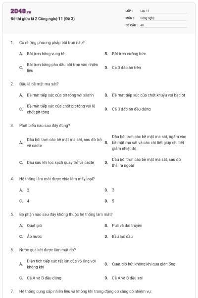 Đề thi giữa kì 2 Công nghệ 11 (Đề 3)