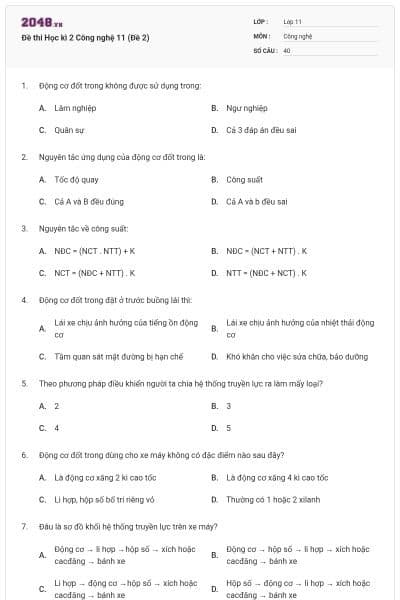 Đề thi Học kì 2 Công nghệ 11 (Đề 2)