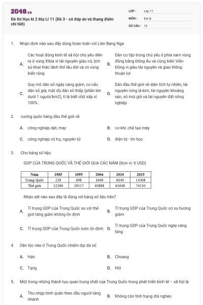 Đề thi Học kì 2 Địa Lí 11 (Đề 3 - có đáp án và thang điểm chi tiết)