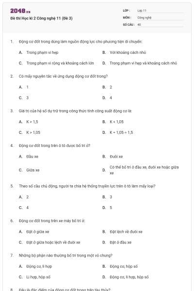Đề thi Học kì 2 Công nghệ 11 (Đề 3)