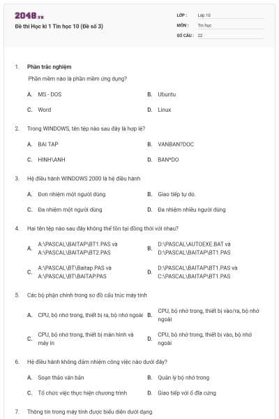 Đề thi Học kì 1 Tin học 10 (Đề số 3)