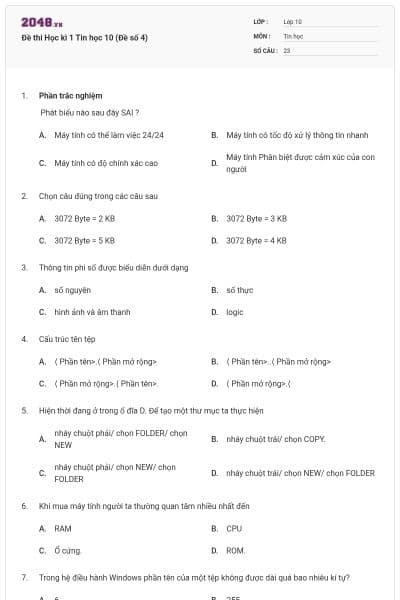 Đề thi Học kì 1 Tin học 10 (Đề số 4)
