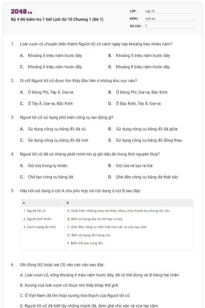 Bộ 4 Đề kiểm tra 1 tiết Lịch Sử 10 Chương 1 (Đề 1)
