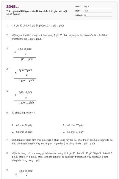 Trắc nghiệm Bài tập cơ bản Nhân số đo thời gian với một số có đáp án