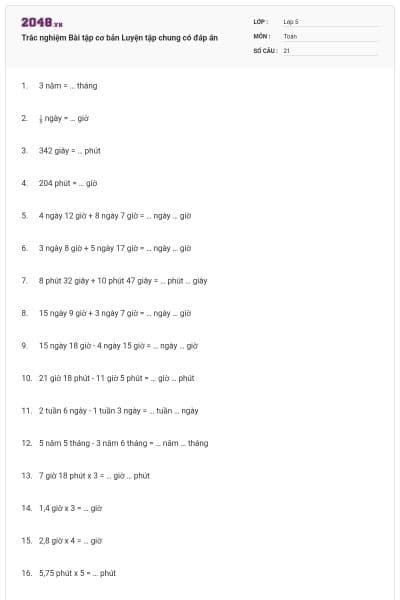 Trắc nghiệm Bài tập cơ bản Luyện tập chung có đáp án