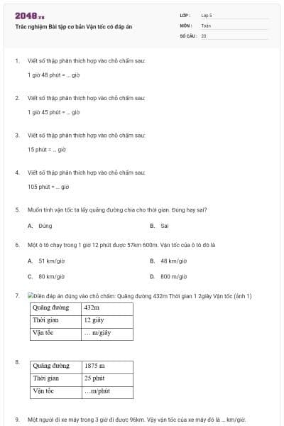 Trắc nghiệm Bài tập cơ bản Vận tốc có đáp án