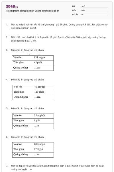 Trắc nghiệm Bài tập cơ bản Quãng đường có đáp án