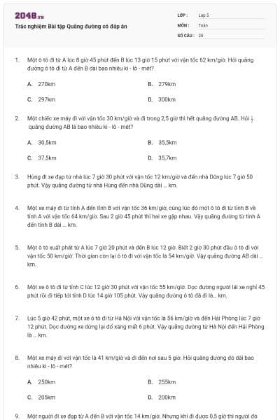 Trắc nghiệm Bài tập Quãng đường có đáp án