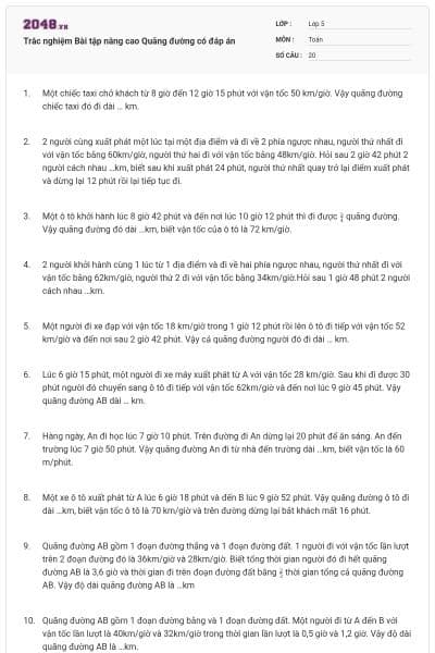 Trắc nghiệm Bài tập nâng cao Quãng đường có đáp án