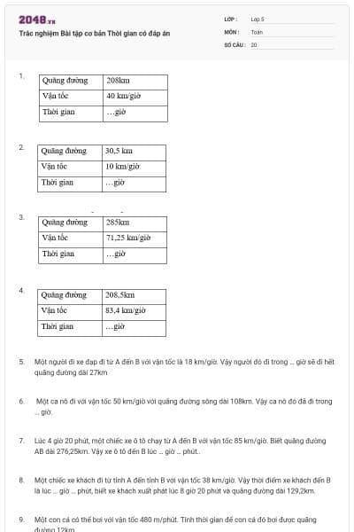 Trắc nghiệm Bài tập cơ bản Thời gian có đáp án