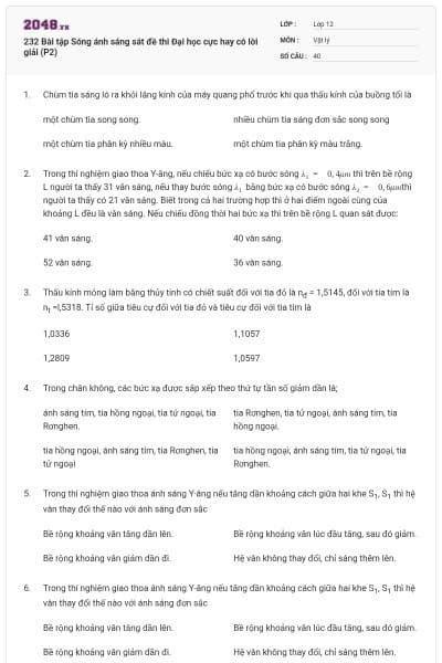 232 Bài tập Sóng ánh sáng sát đề thi Đại học cực hay có lời giải (P2)