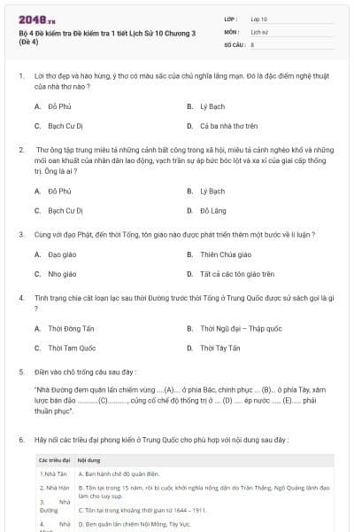 Bộ 4 Đề kiểm tra Đề kiểm tra 1 tiết Lịch Sử 10 Chương 3 (Đề 4)