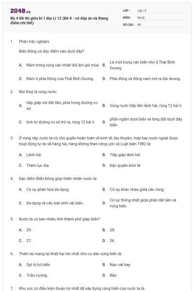 Bộ 4 Đề thi giữa kì 1 Địa Lí 12 (Đề 4 - có đáp án và thang điểm chi tiết)