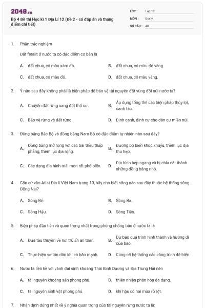 Bộ 4 Đề thi Học kì 1 Địa Lí 12 (Đề 2 - có đáp án và thang điểm chi tiết)