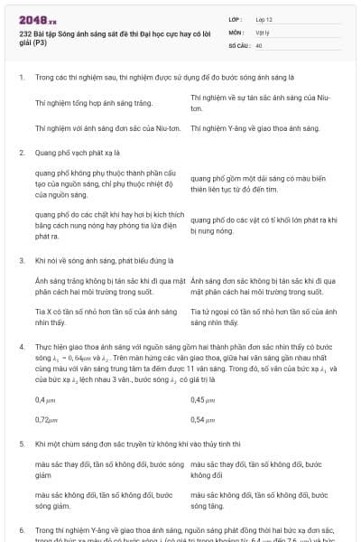 232 Bài tập Sóng ánh sáng sát đề thi Đại học cực hay có lời giải (P3)