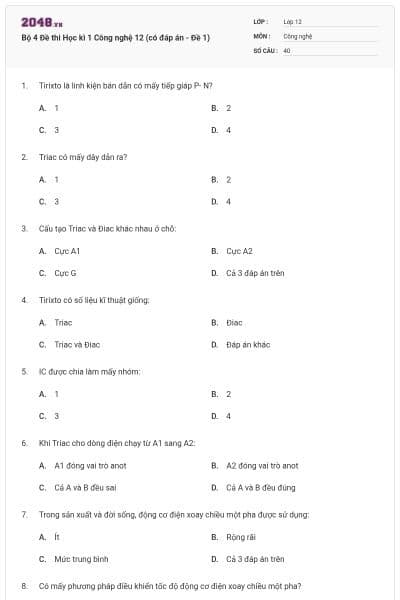 Bộ 4 Đề thi Học kì 1 Công nghệ 12 (có đáp án - Đề 1)