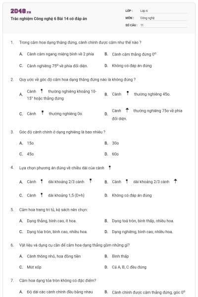 Trắc nghiệm Công nghệ 6 Bài 14 có đáp án