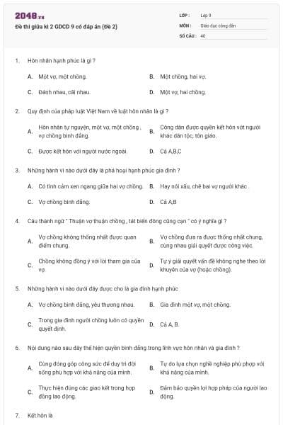 Đề thi giữa kì 2 GDCD 9 có đáp án (Đề 2)