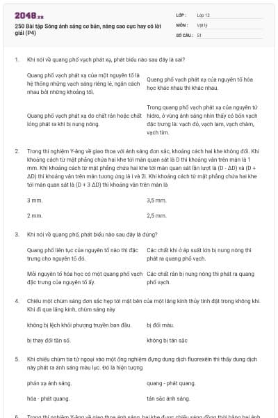250 Bài tập Sóng ánh sáng cơ bản, nâng cao cực hay có lời giải (P4)