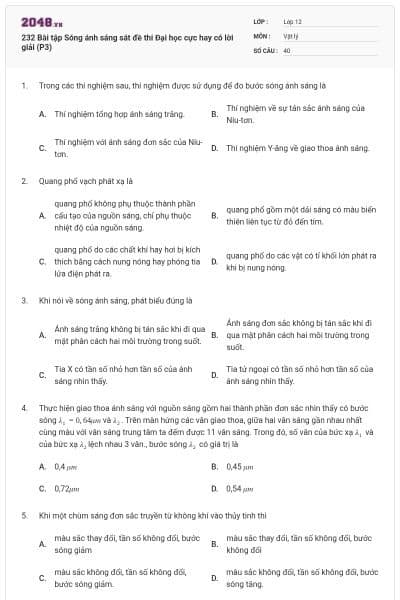 232 Bài tập Sóng ánh sáng sát đề thi Đại học cực hay có lời giải (P3)