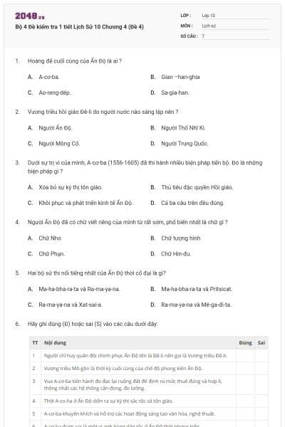 Bộ 4 Đề kiểm tra 1 tiết Lịch Sử 10 Chương 4 (Đề 4)