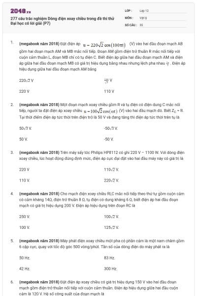 277 câu trắc nghiệm Dòng điện xoay chiều trong đề thi thử Đại học có lời giải (P7)